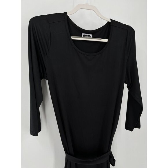 Mud Pie Black Dress Large Stretchy Knit 3/4 Sleeve Belted - Picture 2 of 9